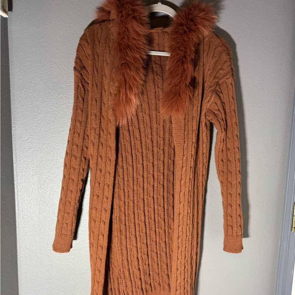 Rust Cable Knit Sweater with Faux Fur Collar